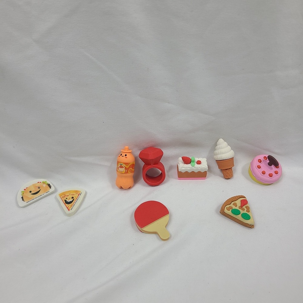 Lot of 8 Novelty Erasers Food Kawaii Pizza Ice Cream Ring School Supplies